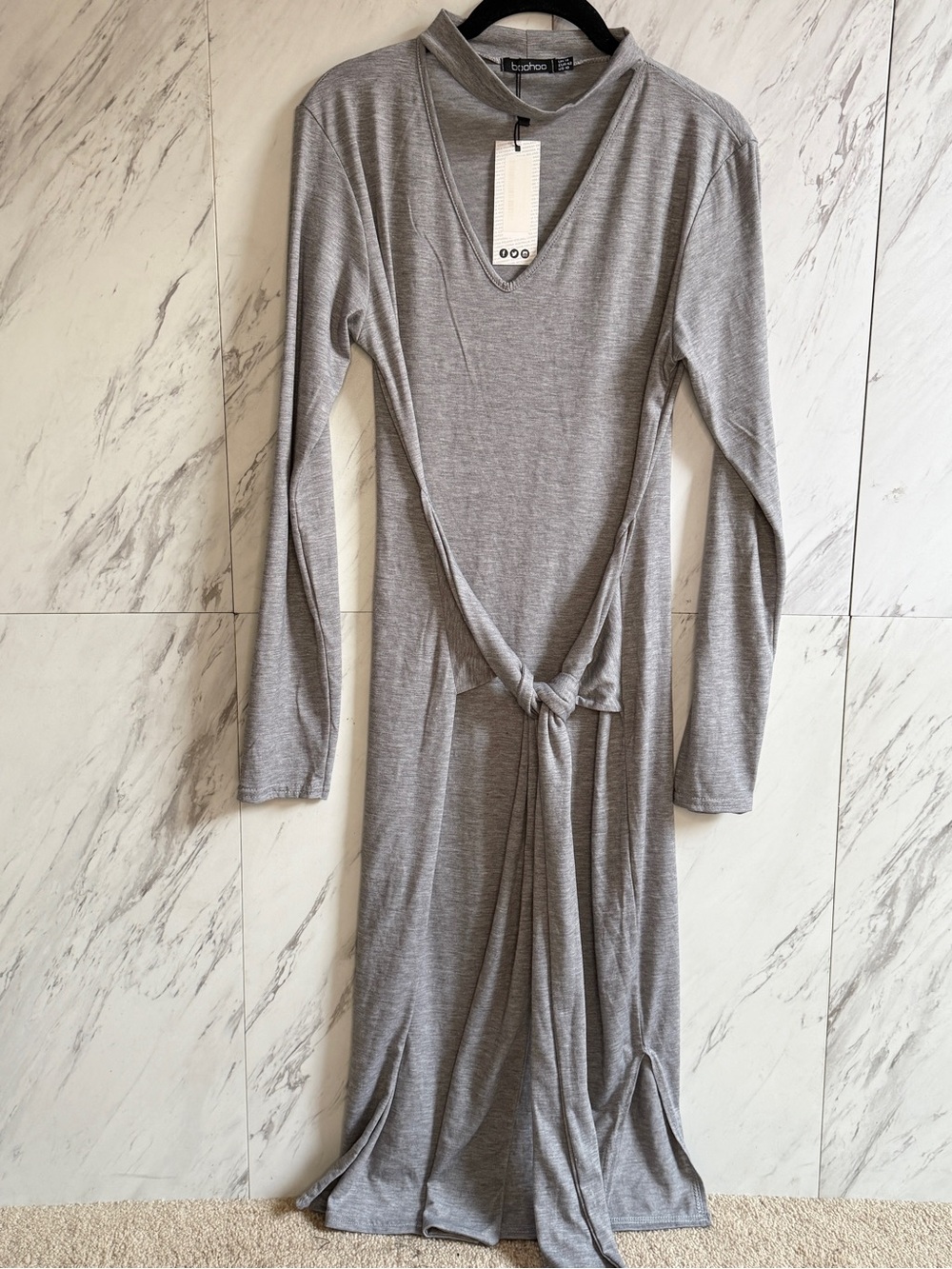 NWT Boohoo Gray Choker Neck Cutout V Neck Long Sleeve Tie Waist Dress Womens 10